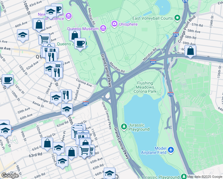 map of restaurants, bars, coffee shops, grocery stores, and more near Long Island Expressway in Queens