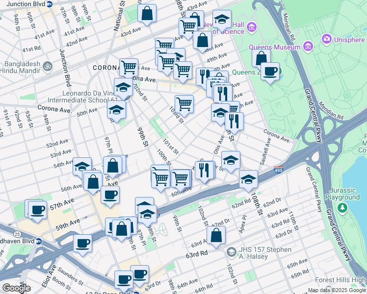 map of restaurants, bars, coffee shops, grocery stores, and more near 102-11 Martense Avenue in Queens