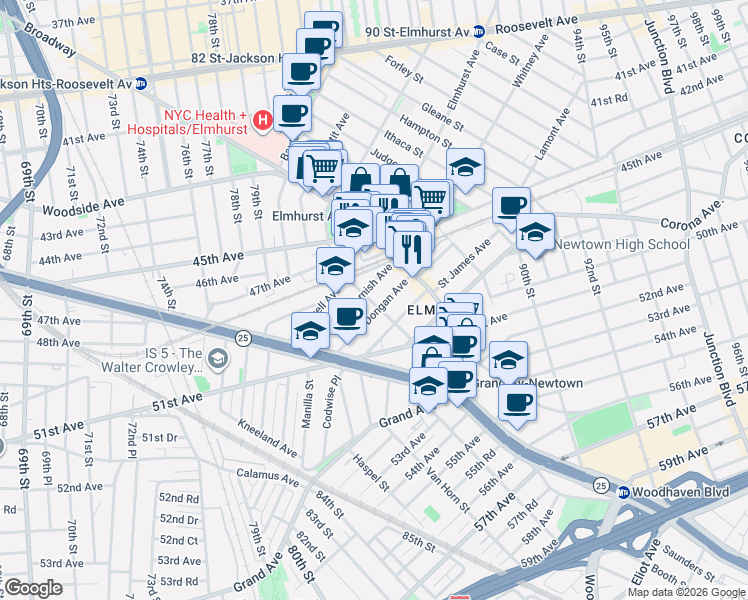 map of restaurants, bars, coffee shops, grocery stores, and more near 83-02 Cornish Avenue in Queens