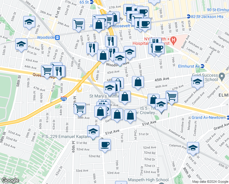 map of restaurants, bars, coffee shops, grocery stores, and more near in Queens