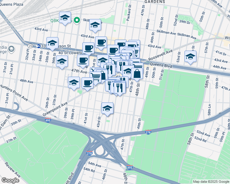 map of restaurants, bars, coffee shops, grocery stores, and more near 47-37 45th Street in Queens