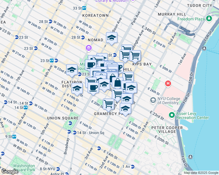 map of restaurants, bars, coffee shops, grocery stores, and more near 55 Lexington Avenue in New York