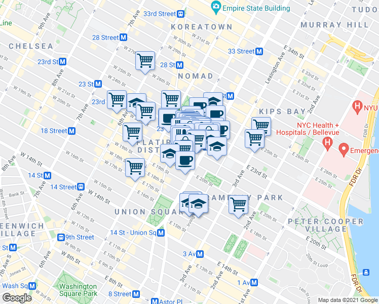 map of restaurants, bars, coffee shops, grocery stores, and more near in New York