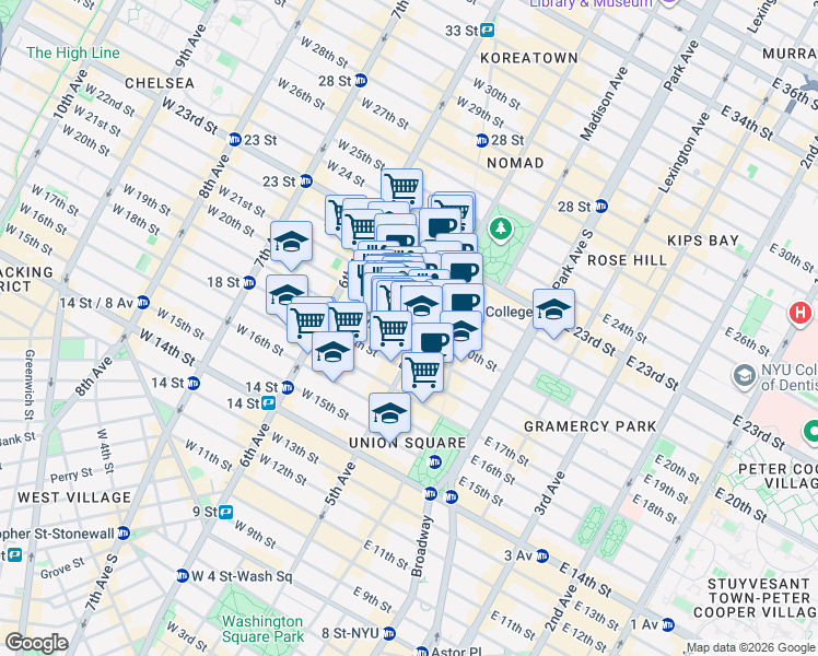 map of restaurants, bars, coffee shops, grocery stores, and more near 20 West 20th Street in New York