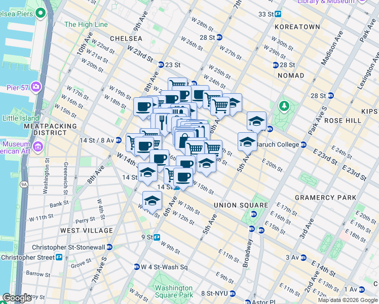 map of restaurants, bars, coffee shops, grocery stores, and more near 133 West 17th Street in New York