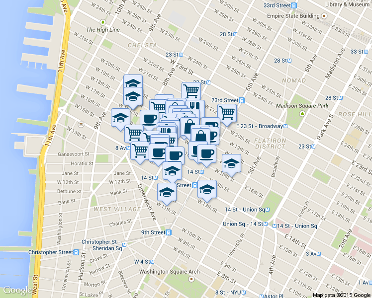 map of restaurants, bars, coffee shops, grocery stores, and more near in New York