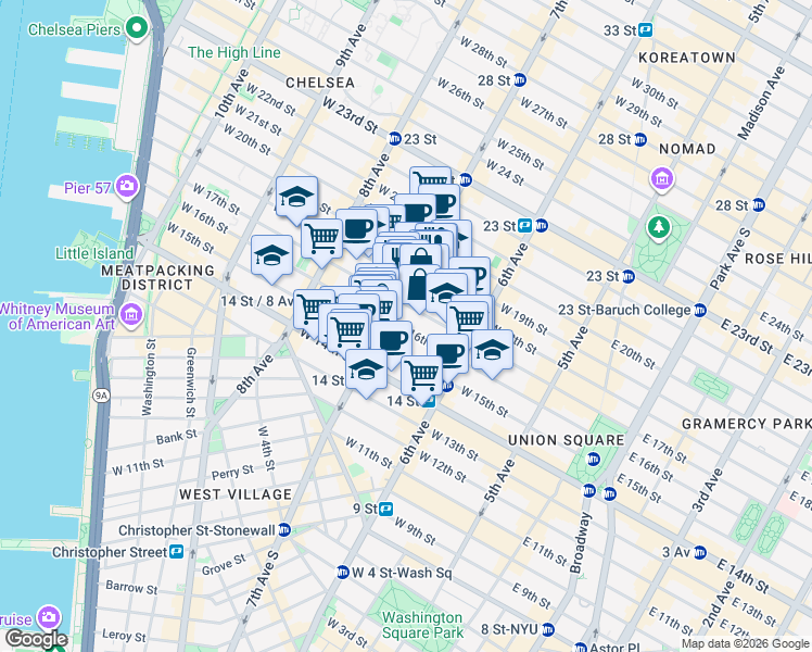 map of restaurants, bars, coffee shops, grocery stores, and more near in New York