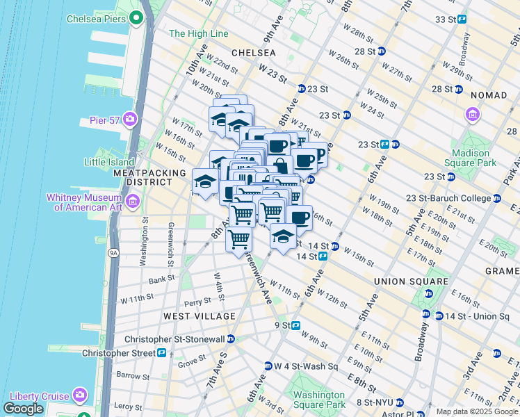 map of restaurants, bars, coffee shops, grocery stores, and more near 228 West 15th Street in New York