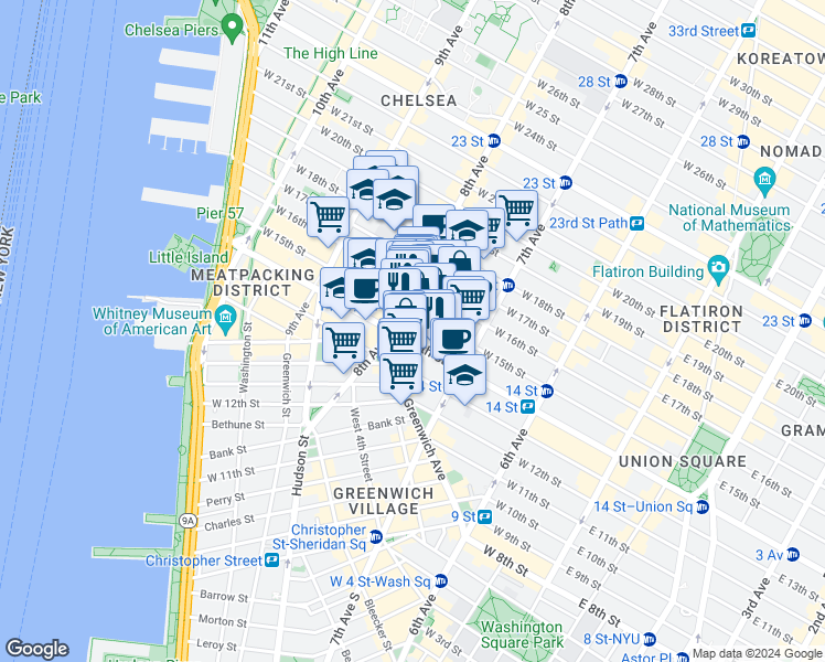 map of restaurants, bars, coffee shops, grocery stores, and more near 228 West 15th Street in New York