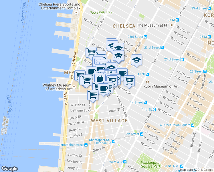 map of restaurants, bars, coffee shops, grocery stores, and more near 2 Gansevoort Street in New York