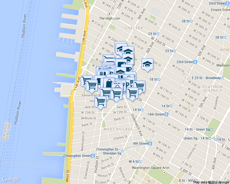 map of restaurants, bars, coffee shops, grocery stores, and more near 2 Gansevoort Street in New York