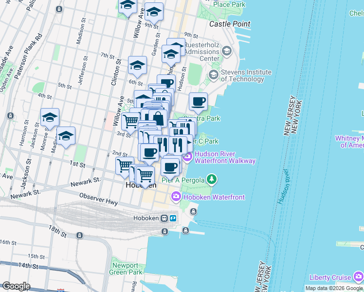 map of restaurants, bars, coffee shops, grocery stores, and more near 2 Marine View Plaza in Hoboken