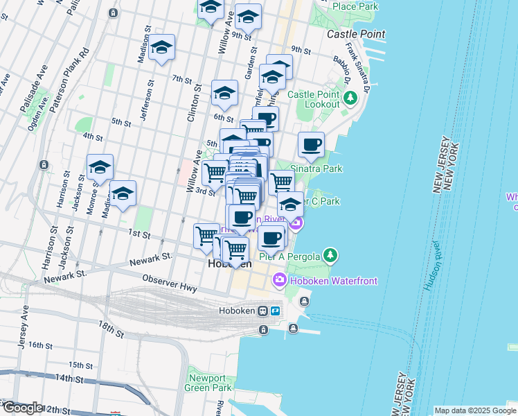 map of restaurants, bars, coffee shops, grocery stores, and more near 56 3rd Street in Hoboken