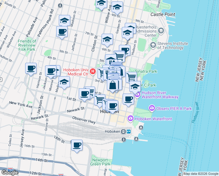map of restaurants, bars, coffee shops, grocery stores, and more near 235 Bloomfield Street in Hoboken