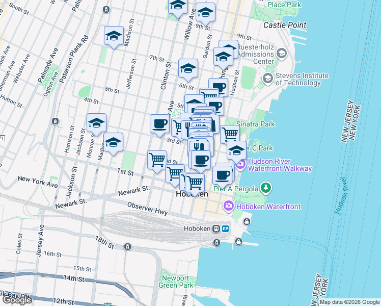 map of restaurants, bars, coffee shops, grocery stores, and more near 235 Bloomfield Street in Hoboken