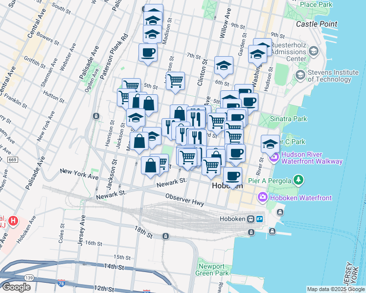 map of restaurants, bars, coffee shops, grocery stores, and more near in Hoboken