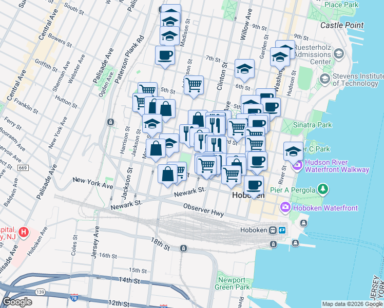 map of restaurants, bars, coffee shops, grocery stores, and more near in Hoboken