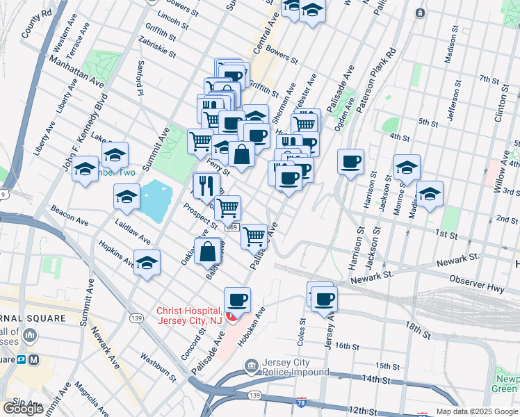 map of restaurants, bars, coffee shops, grocery stores, and more near 31 Ravine Avenue in Jersey City