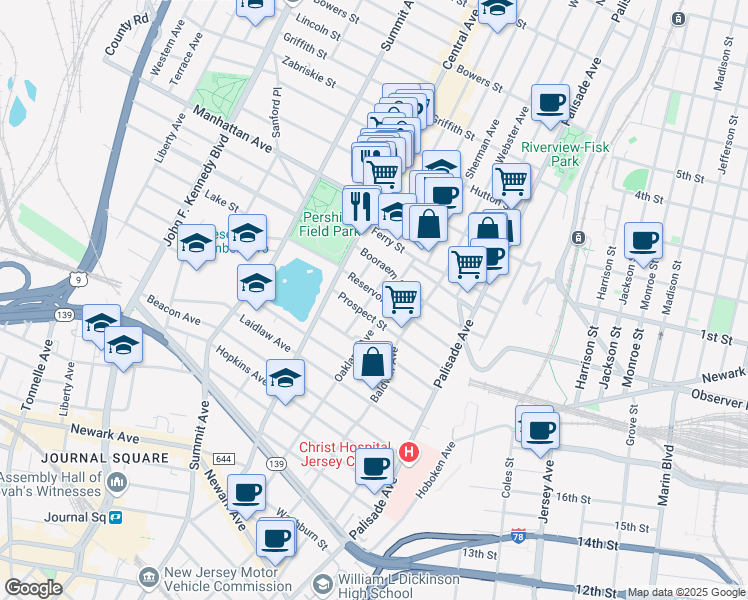 map of restaurants, bars, coffee shops, grocery stores, and more near 91 Reservoir Avenue in Jersey City