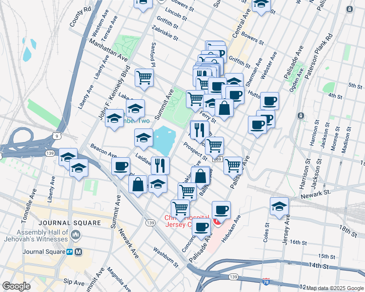 map of restaurants, bars, coffee shops, grocery stores, and more near 152 Central Avenue in Jersey City