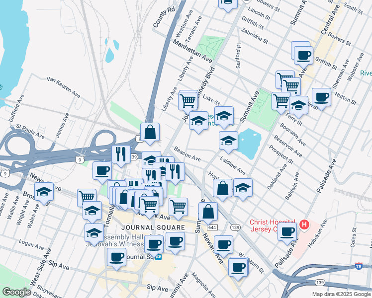 map of restaurants, bars, coffee shops, grocery stores, and more near 3140 John F. Kennedy Boulevard in Jersey City
