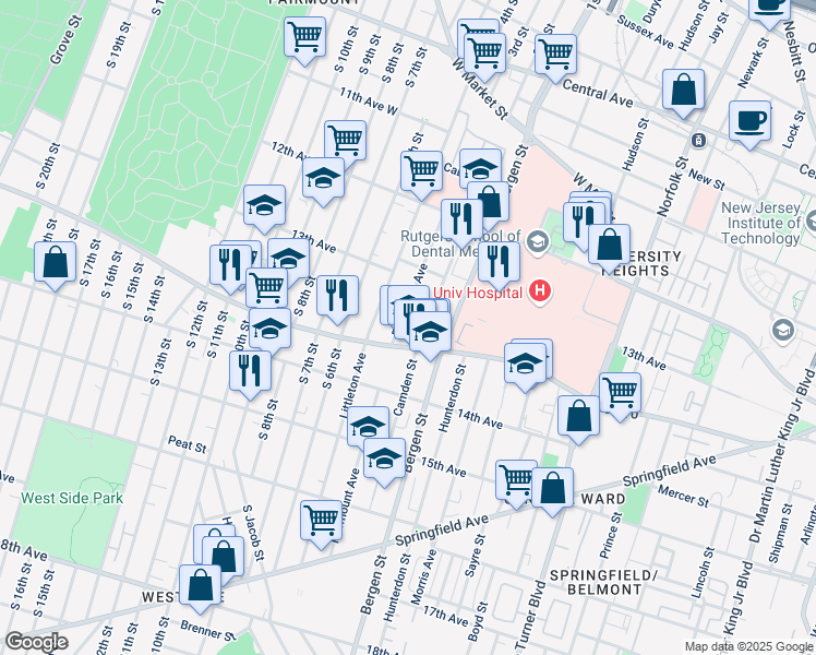 map of restaurants, bars, coffee shops, grocery stores, and more near 216 Fairmount Avenue in Newark