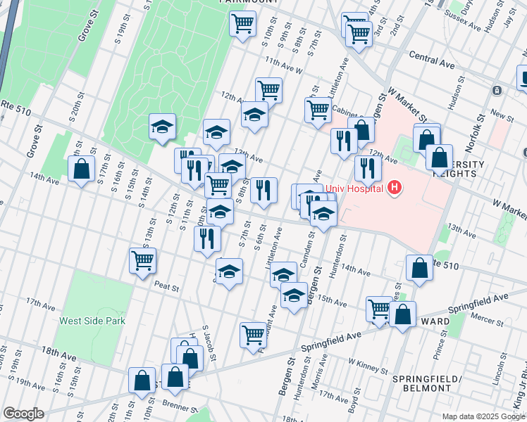 map of restaurants, bars, coffee shops, grocery stores, and more near in Newark