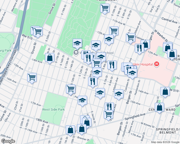 map of restaurants, bars, coffee shops, grocery stores, and more near in Newark