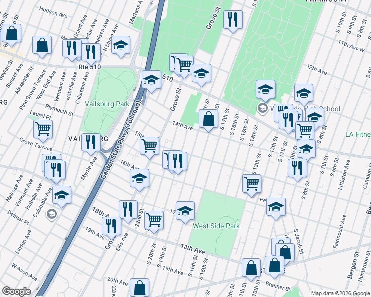 map of restaurants, bars, coffee shops, grocery stores, and more near 492 South 20th Street in Newark