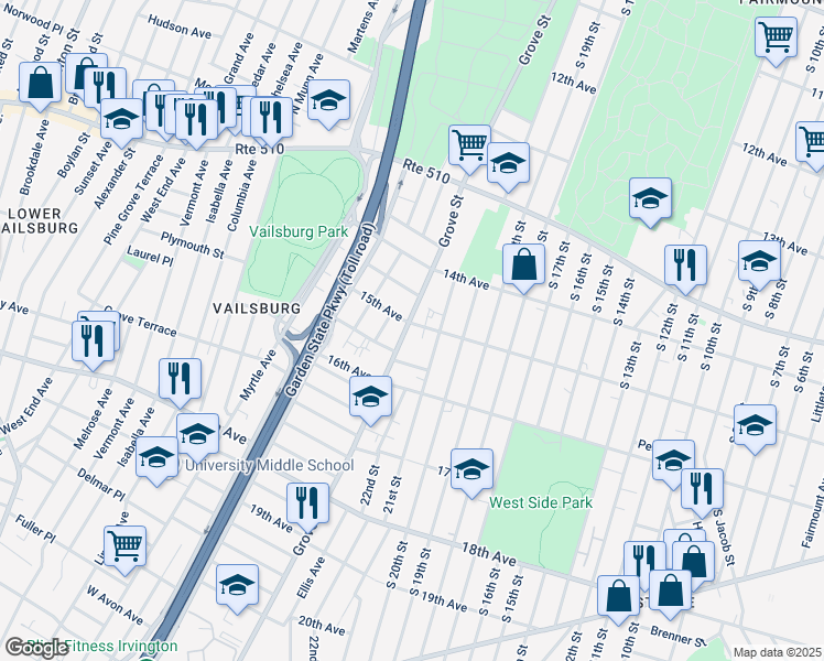 map of restaurants, bars, coffee shops, grocery stores, and more near 512 Grove Street in Irvington