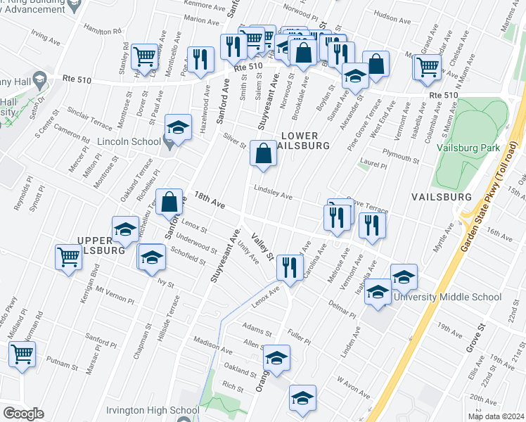 map of restaurants, bars, coffee shops, grocery stores, and more near 180 Brookdale Avenue in Newark