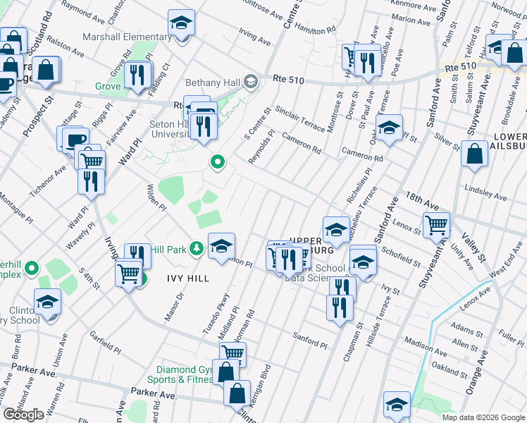 map of restaurants, bars, coffee shops, grocery stores, and more near 22 Tuxedo Parkway in Newark