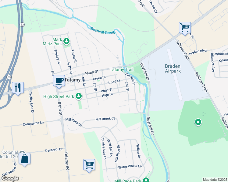map of restaurants, bars, coffee shops, grocery stores, and more near 325 High Street in Easton
