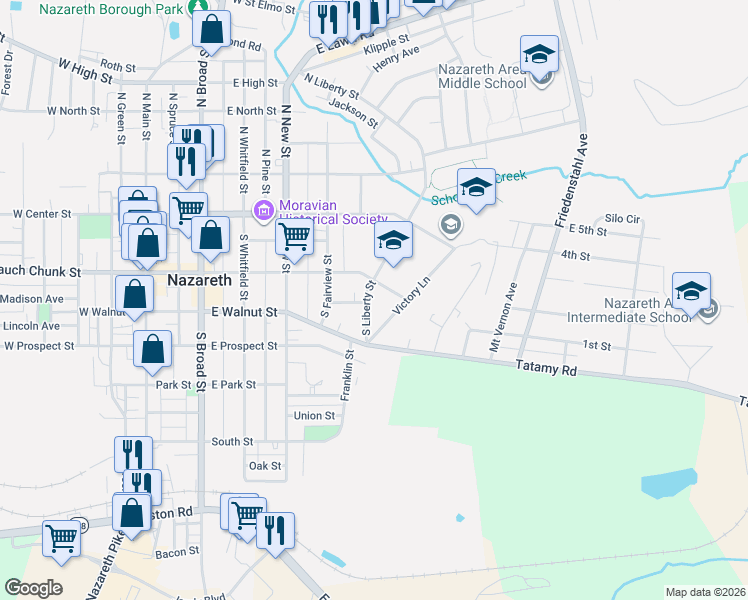 map of restaurants, bars, coffee shops, grocery stores, and more near 516 East Belvidere Street in Nazareth