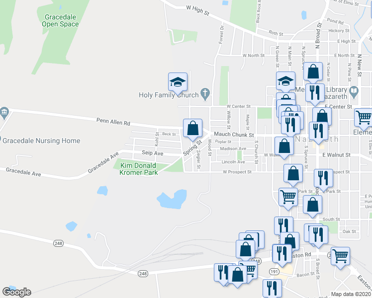map of restaurants, bars, coffee shops, grocery stores, and more near 175 Phoenix Street in Nazareth