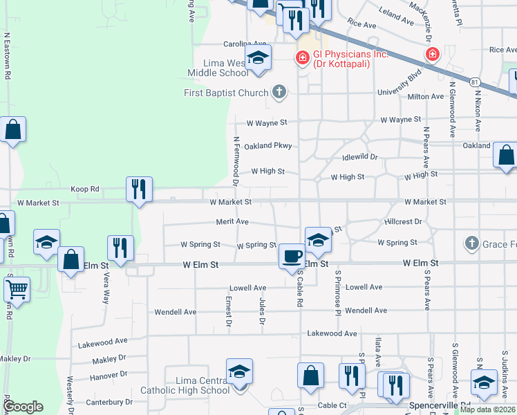 map of restaurants, bars, coffee shops, grocery stores, and more near 2331 W Market St in Lima