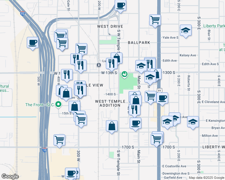 map of restaurants, bars, coffee shops, grocery stores, and more near 1358 Jefferson Street in Salt Lake City