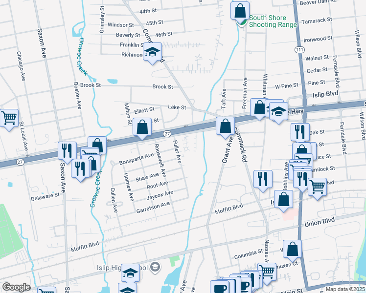 map of restaurants, bars, coffee shops, grocery stores, and more near 12 Jay Court in Islip