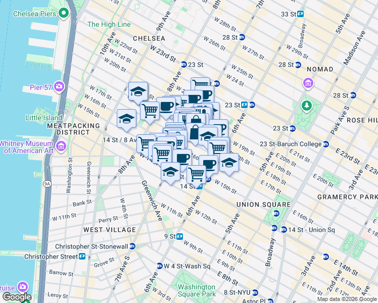 map of restaurants, bars, coffee shops, grocery stores, and more near 150 West 17th Street in New York