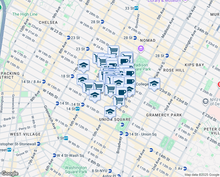 map of restaurants, bars, coffee shops, grocery stores, and more near 11 West 19th Street in New York