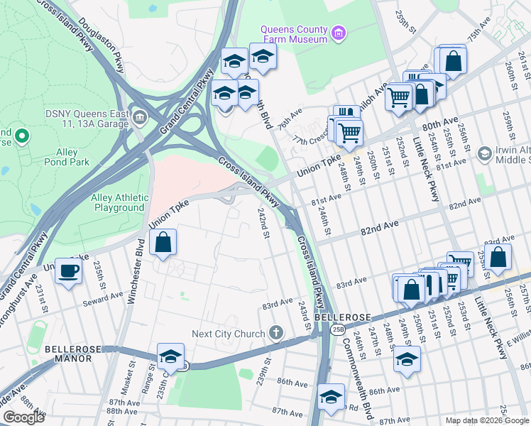 map of restaurants, bars, coffee shops, grocery stores, and more near 80-30 Cross Island Parkway in Queens