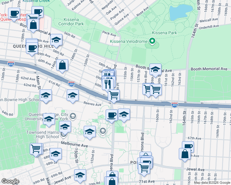 map of restaurants, bars, coffee shops, grocery stores, and more near 5941 Kissena Boulevard in Queens