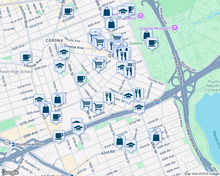 map of restaurants, bars, coffee shops, grocery stores, and more near 56-28 Waldron Street in Queens