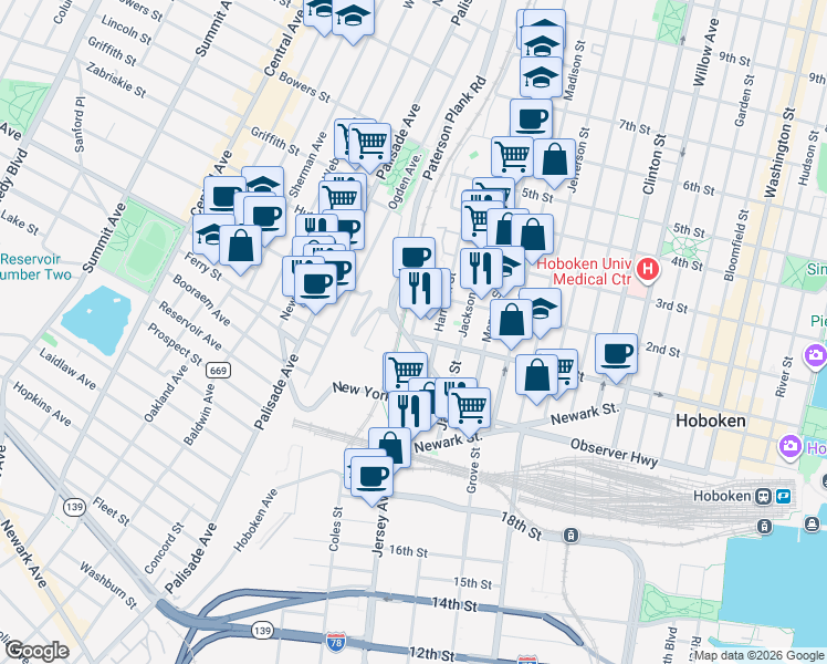 map of restaurants, bars, coffee shops, grocery stores, and more near 100 Marshall Street in Hoboken