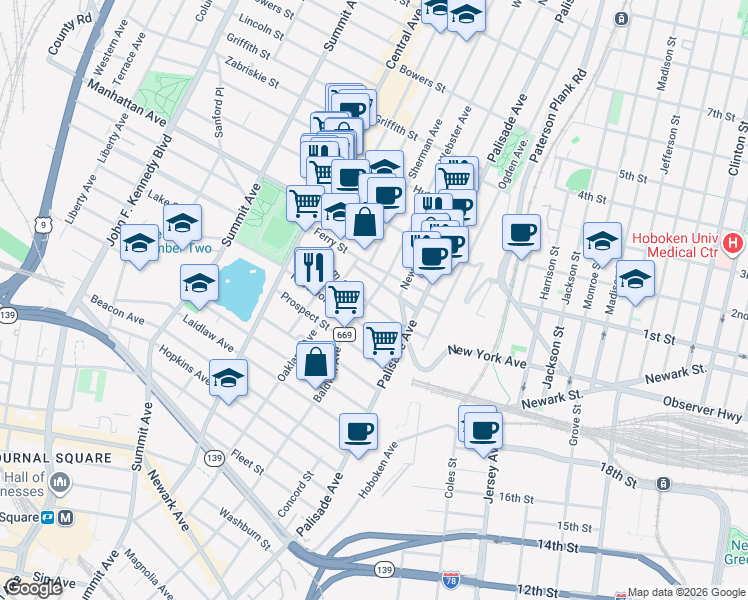 map of restaurants, bars, coffee shops, grocery stores, and more near 31 Ravine Avenue in Jersey City