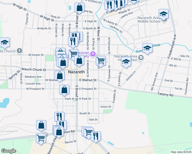 map of restaurants, bars, coffee shops, grocery stores, and more near 126 South New Street in Nazareth