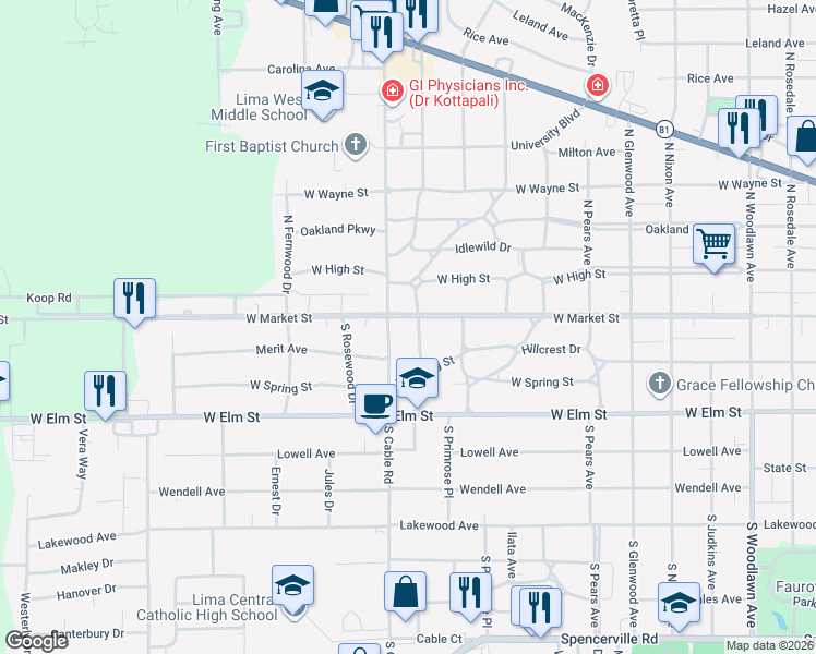 map of restaurants, bars, coffee shops, grocery stores, and more near 2097 West Market Street in Lima