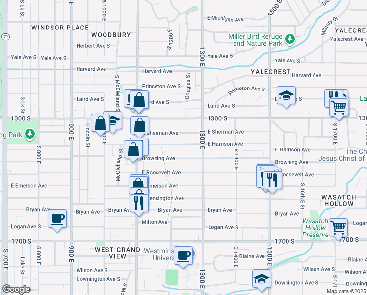 map of restaurants, bars, coffee shops, grocery stores, and more near 1228 East Harrison Avenue in Salt Lake City