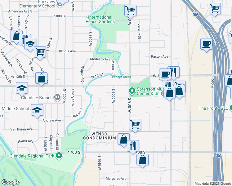map of restaurants, bars, coffee shops, grocery stores, and more near 1375 South 1000 West in Salt Lake City