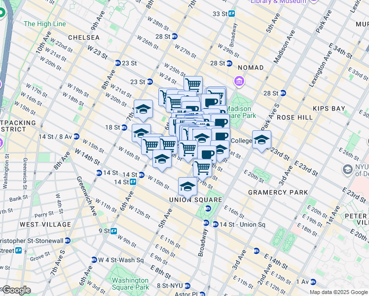 map of restaurants, bars, coffee shops, grocery stores, and more near 20 West 20th Street in New York
